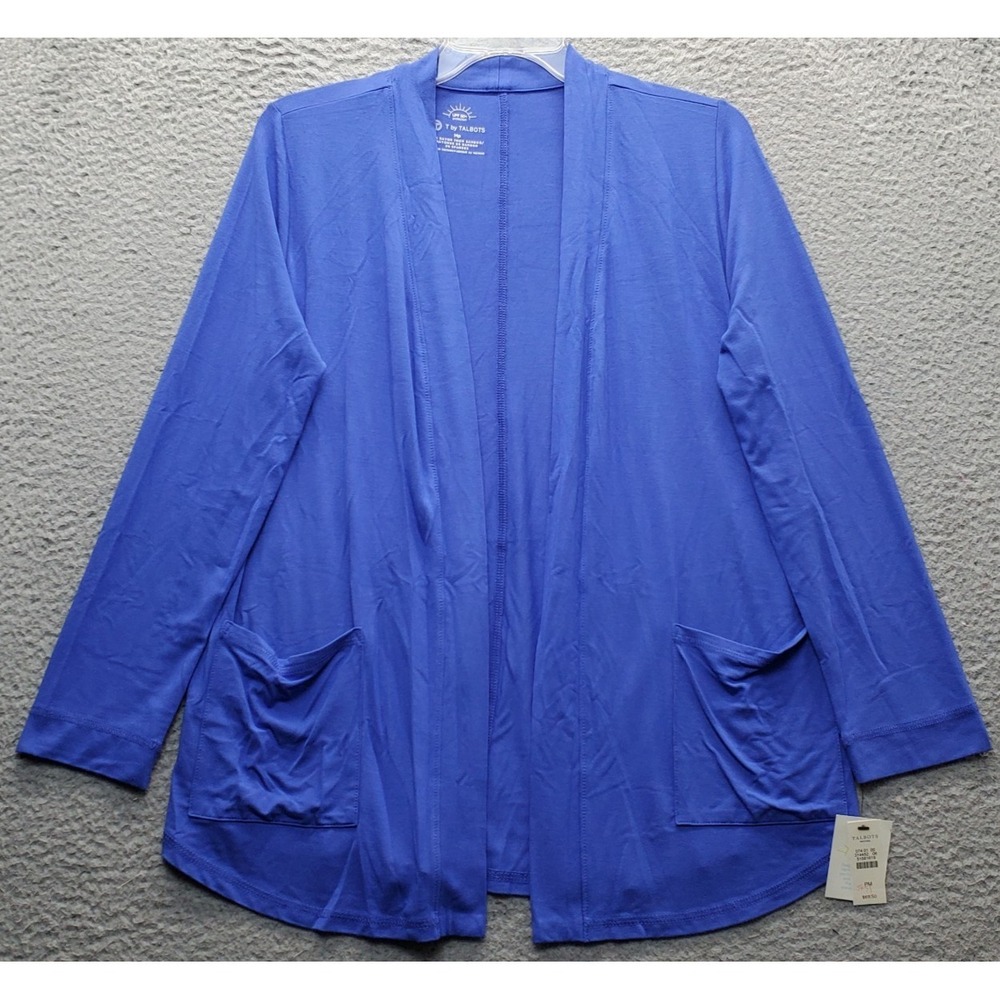 Talbots Cardigan Womens Petite M Blue UPF 50+ Protection Drape Pocket Open Front